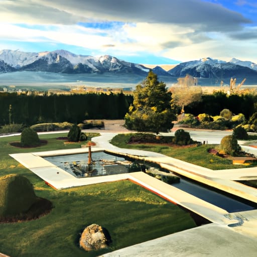 wide angle 45,000ft tall mountains view of mountain range and a manicured garden with fountains and pathways illuminated by white light paradise styled like an glimpse of heaven